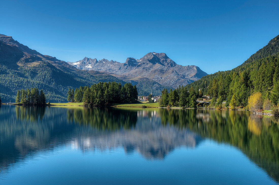 Lake Champfer with Silvaplana and Piz da la Margna, Champfer, Engadine, Canton Grisosn, Switzerland