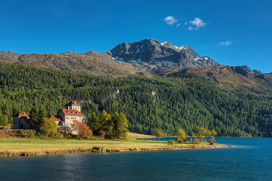 Crap das Sass castle with Lake Silvaplana and Corvatsch, Silvapana, Canton Grisosn, Switzerland