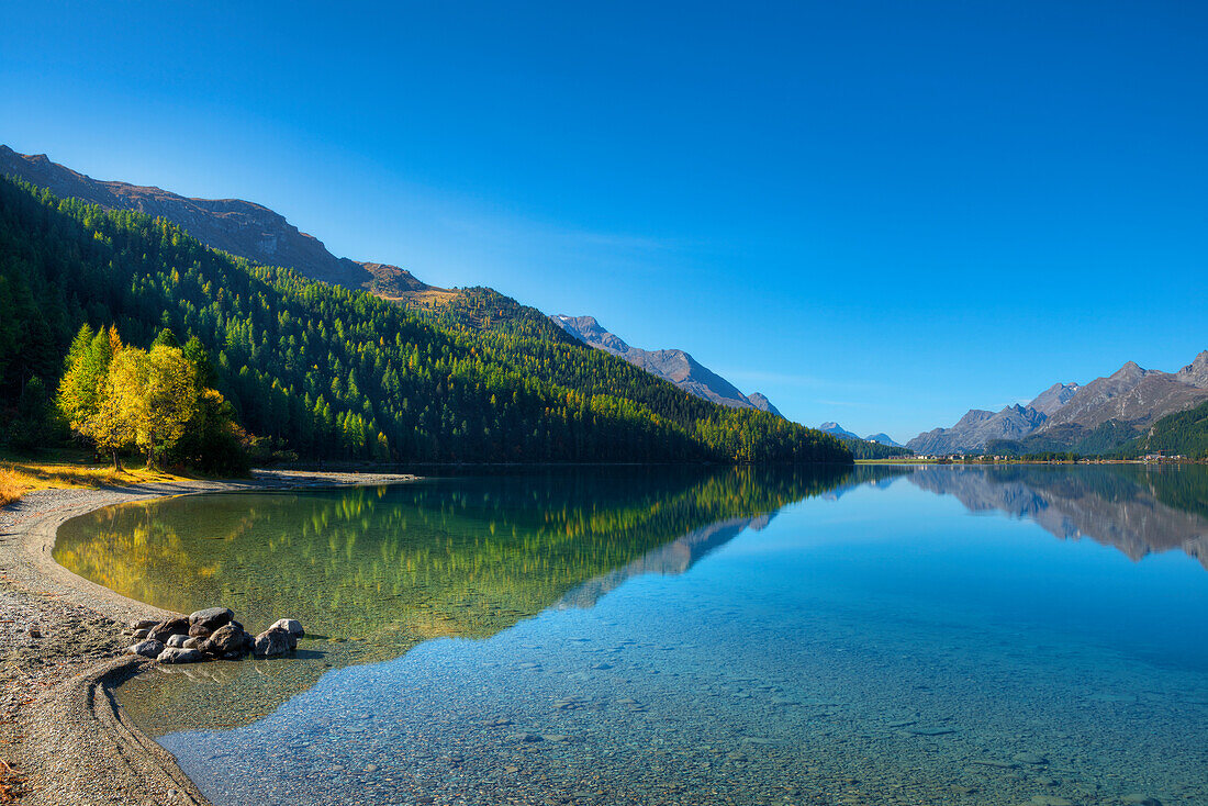 Lake Silvaplana with Sils, Engadine, Canton Grisons, Switzerland