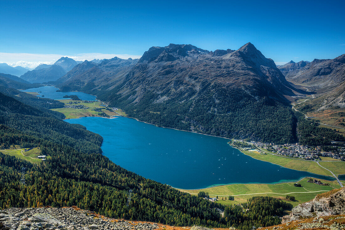 Silser See, Sils, Silvaplanersee, Silvaplana und Piz Polaschin, Engadin, Kanton Graubünden, Schweiz