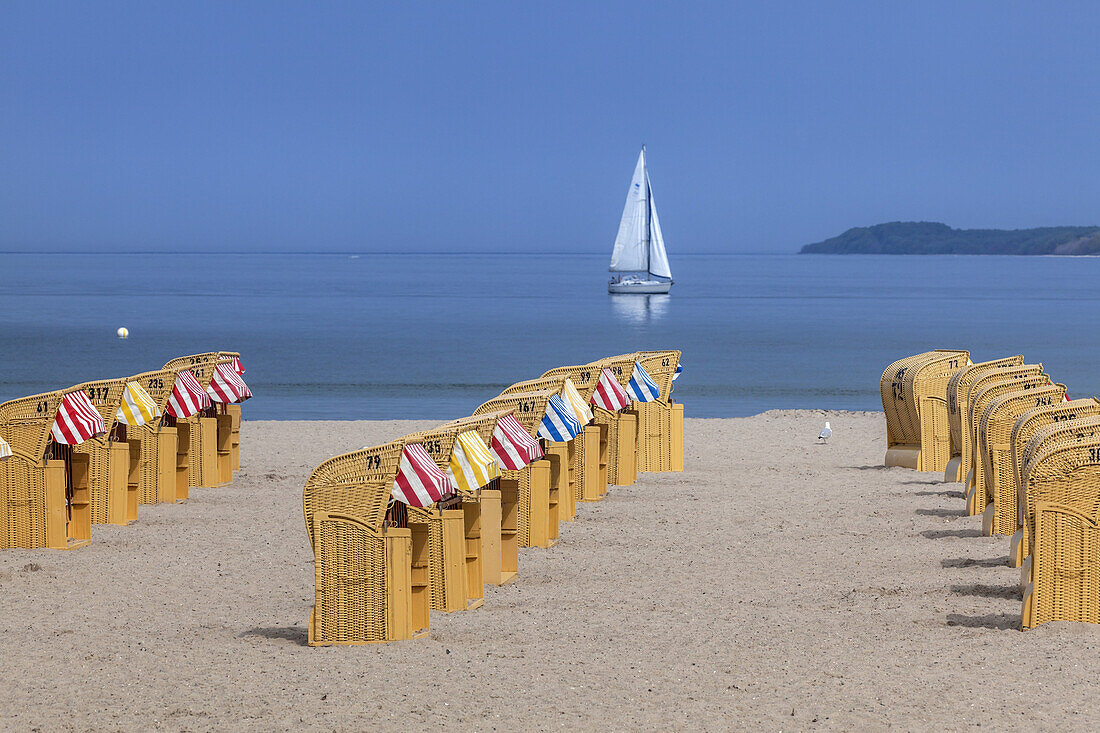 Beach chairs on the beach in Travemünde, Hanseatic city Lübeck, Baltic coast, Schleswig-Holstein, Northern Germany, Germany, Europe