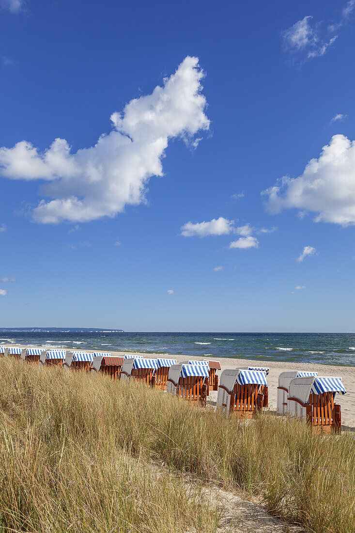 Beach and beach chairs in Baltic resort Baabe, Moenchgut, Island Ruegen, Baltic Sea coast, Mecklenburg-Western Pomerania, Northern Germany, Germany, Europe