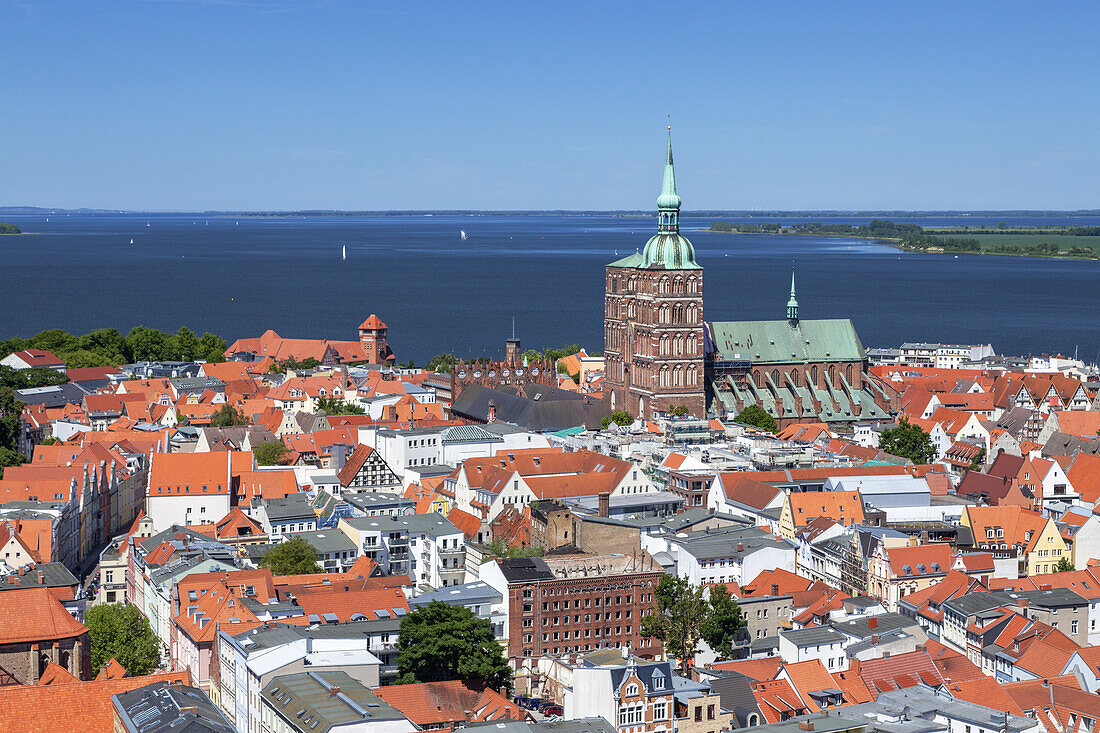 View from church St. Marien over the historic city, Strelasund and island Ruegen, Hanseatic City Stralsund, Baltic Sea coast, Mecklenburg-Western Pomerania, Northern Germany, Germany, Europe