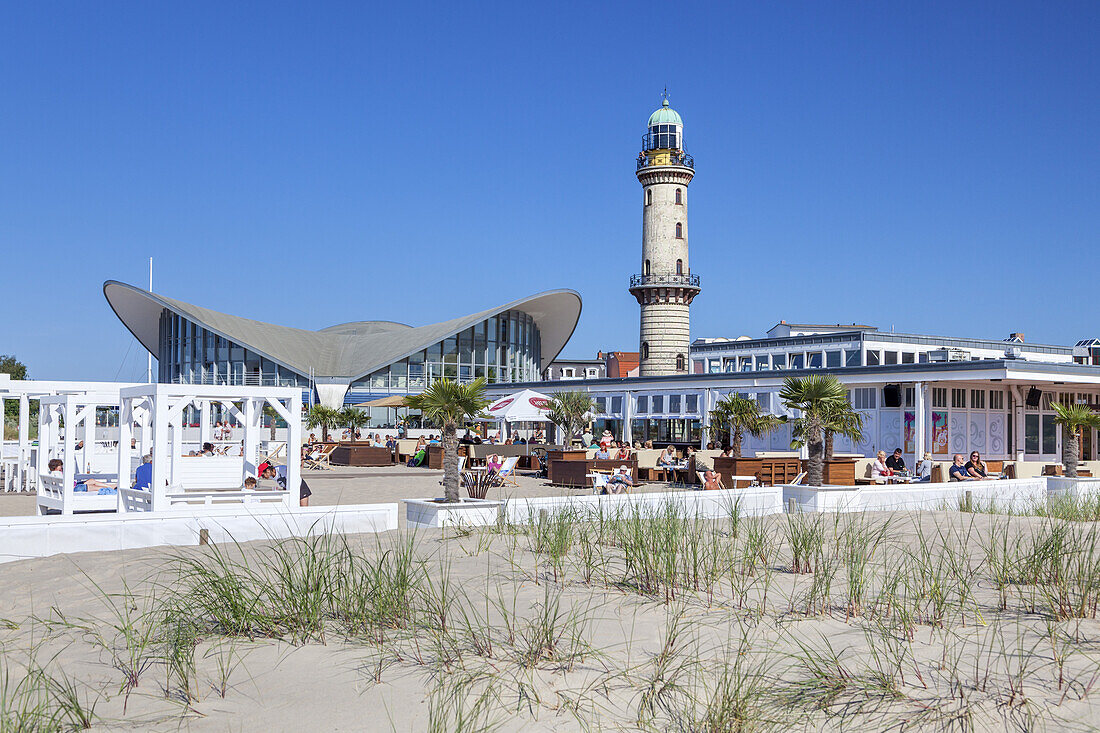 Old lighthouse and Teepott on the beach promenade, Baltic Sea resort Warnemuende, Hanseatic City Rostock, Baltic Sea coast, Mecklenburg-Western Pomerania, Northern Germany, Germany, Europe