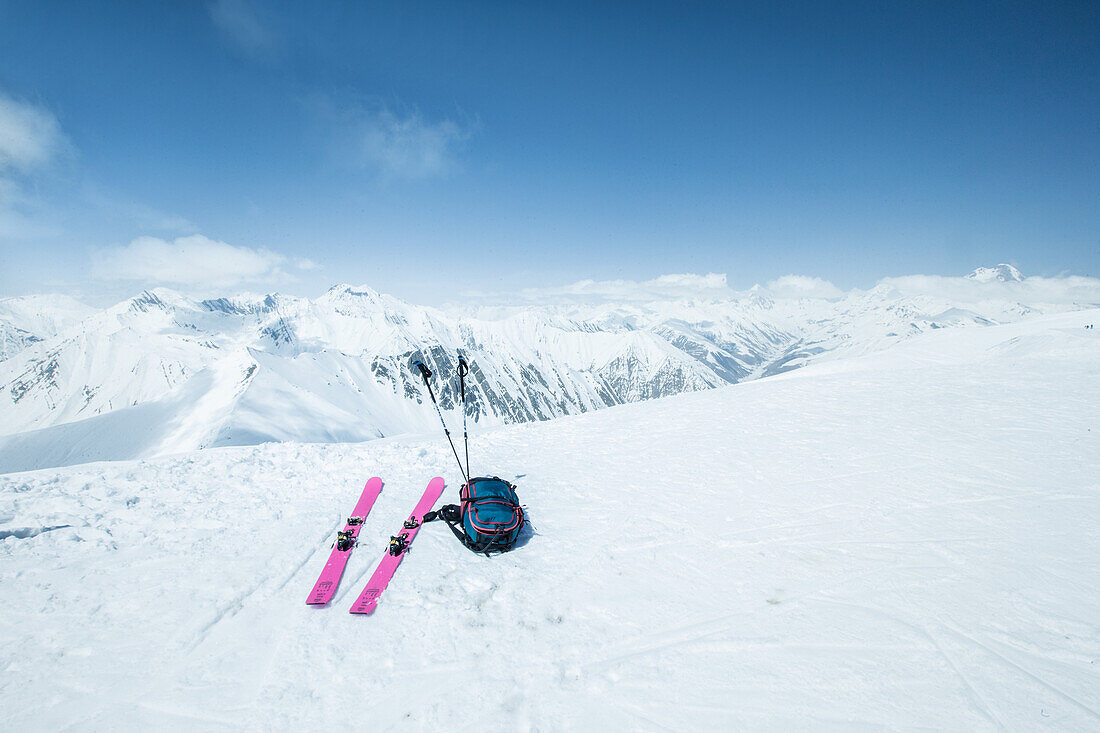 Ski stuff lying on the snow in the mountains, Gudauri, Mtskheta-Mtianeti, Georgia