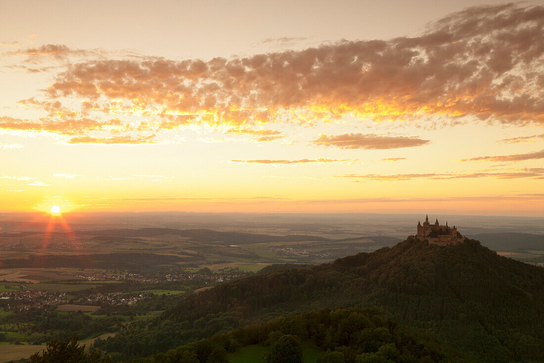 Burg Hohenzollern Castle at sunset, Hechingen, Swabian Alps, Baden-Wurttemberg, Germany, Europe