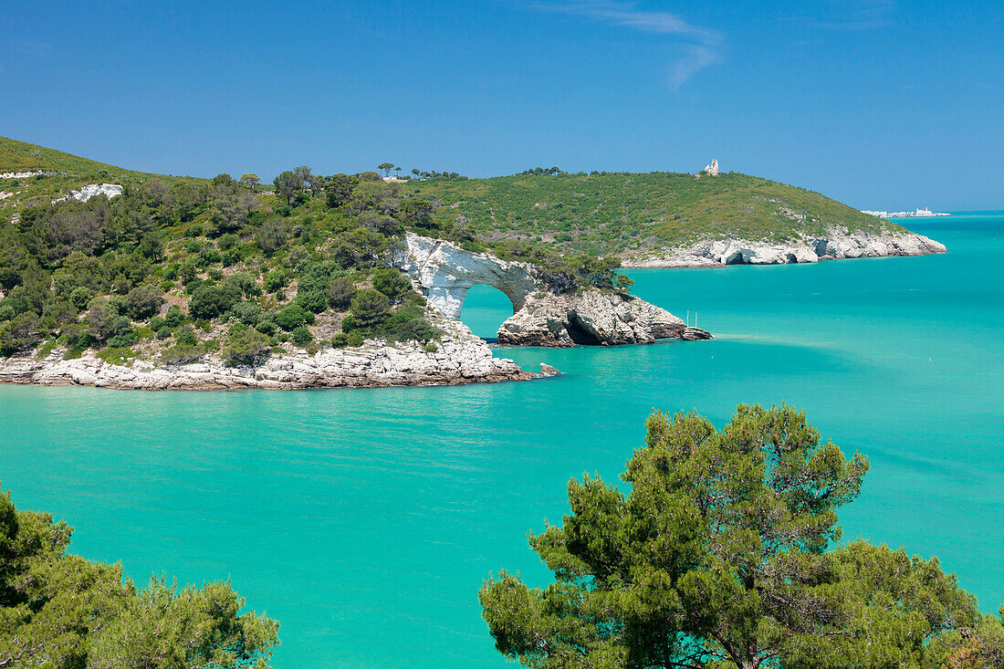 Cala San Felice Bucht mit Architiello di San Felice Felsenbogen, Gargano, Provinz Foggia, Apulien, Italien, Mittelmeer, Europa