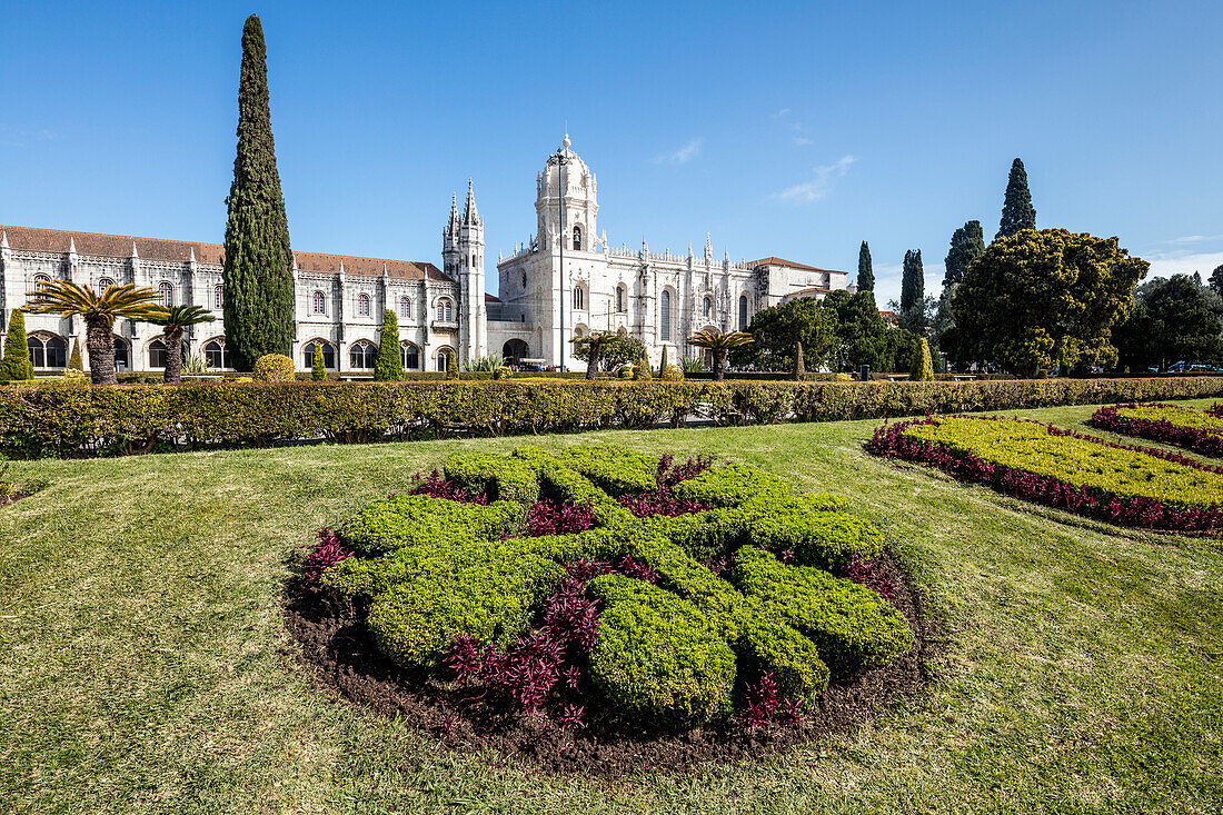 Jeronimos Monastery with late Gothic architecture, UNESCO World Heritage Site, surrounded by gardens, Santa Maria de Belem, Lisbon, Portugal, Europe