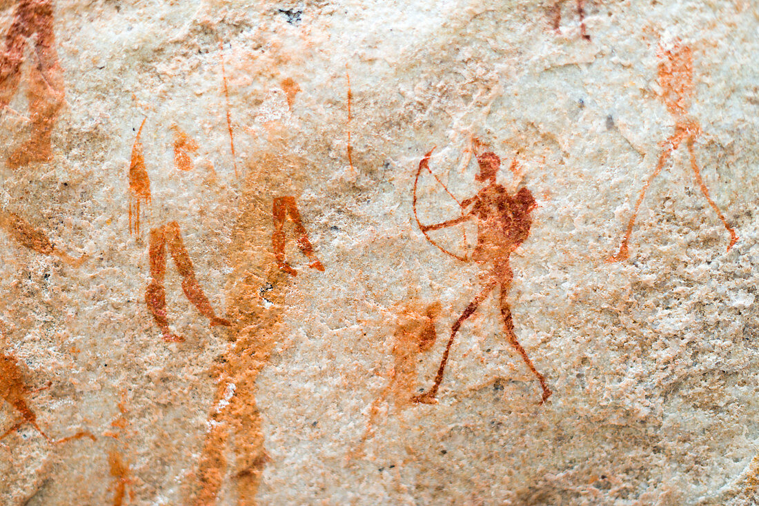 San Felsenkunst Höhlenmalereien an der Wand eines felsigen Überhangs im Cederberg, Westkap, Südafrika, Afrika