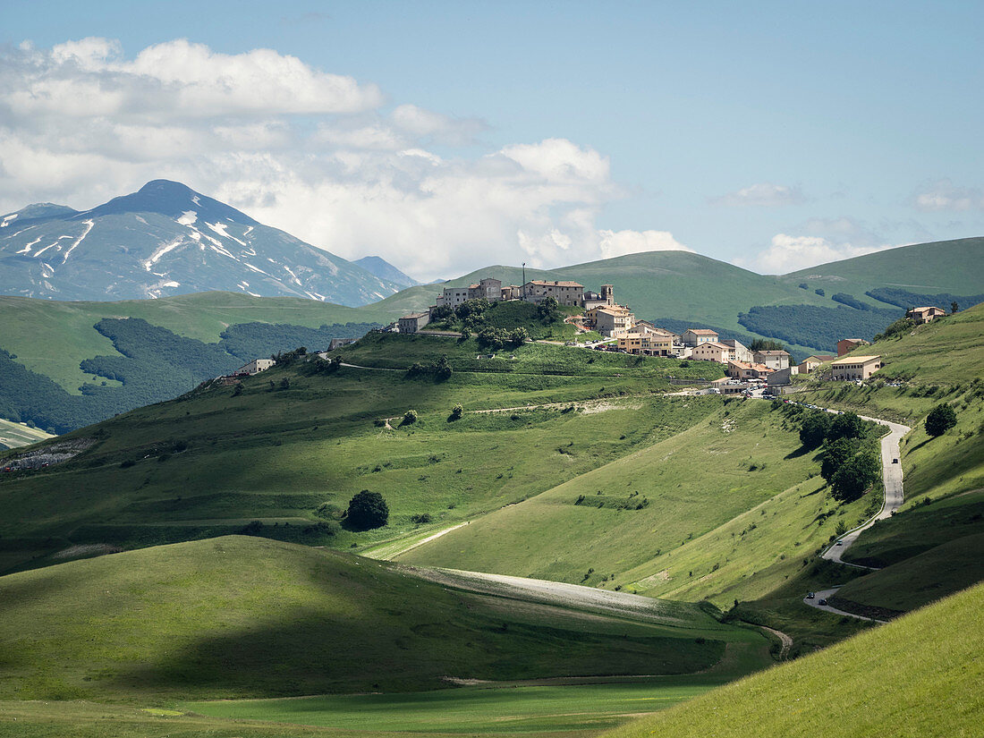 View from the Piano Grande towards Castelluccio, Umbria, Italy, Europe