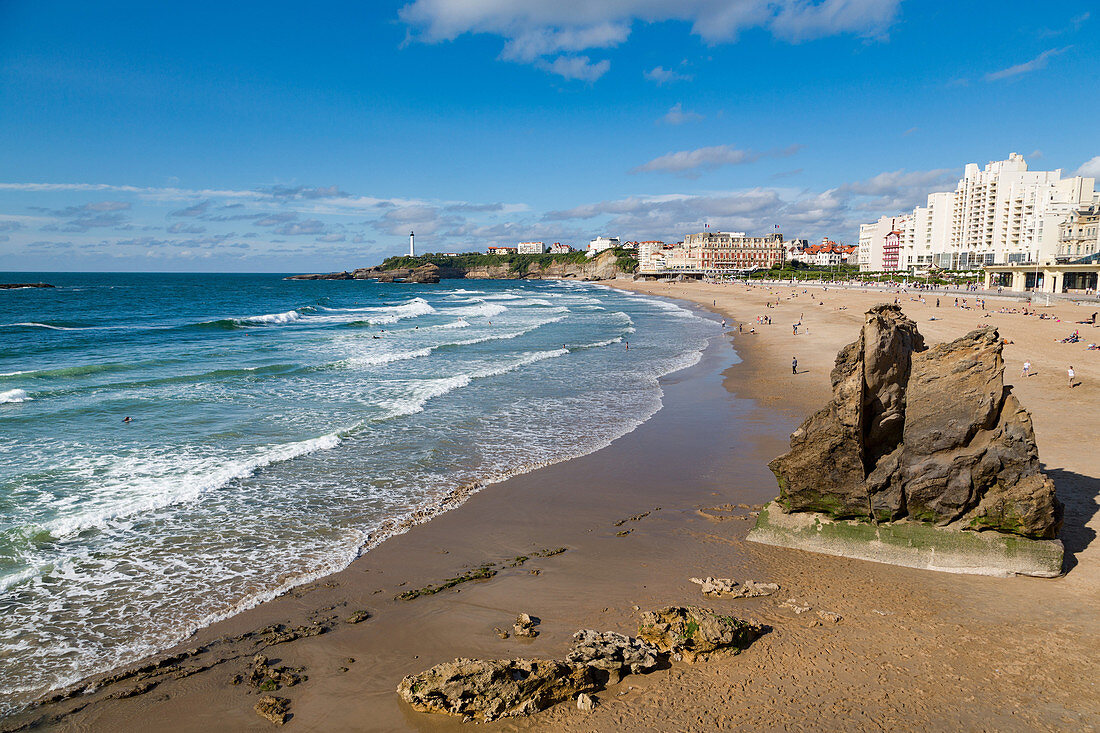 Large rock on the beach and seafront in Biarritz, Pyrenees Atlantiques, Aquitaine, France, Europe