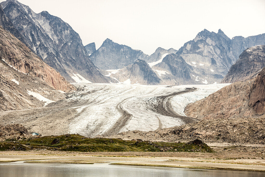 Prins Christian Sund, lateral and medial moraines on Igdlorssuit Glacier, southern Greenland, Polar Regions