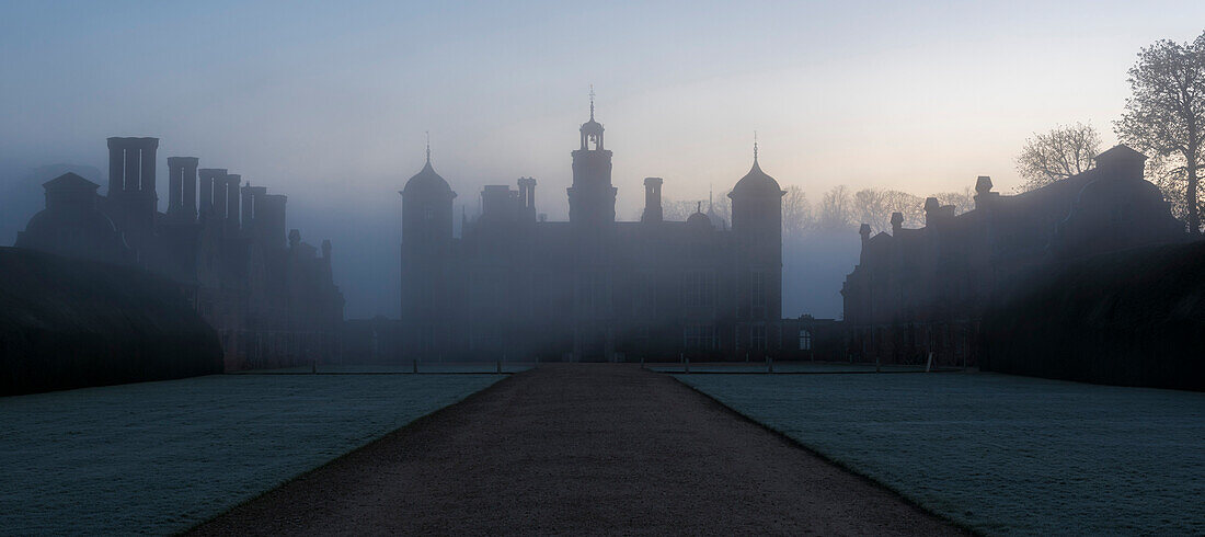 Blickling Hall on a misty morning at Blicking, Norfolk, England, United Kingdom, Europe