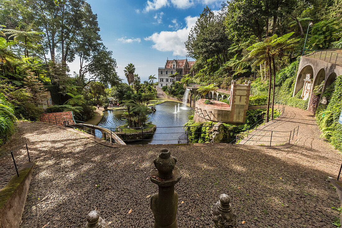 Lake and distant sea view, Monte Palace Tropical Garden (Jardim Tropical), famous garden, Monte, Funchal, Madeira, Portugal, Europe