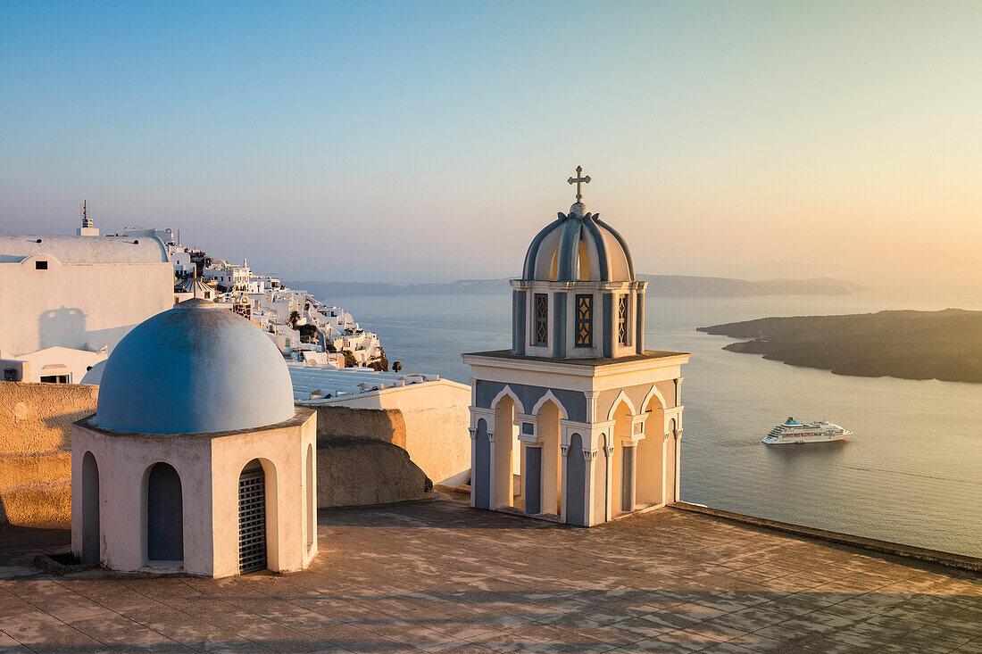 The blue domes of the churches dominate the Aegean Sea, Firostefani, Santorini, Cyclades, Greek Islands, Greece, Europe