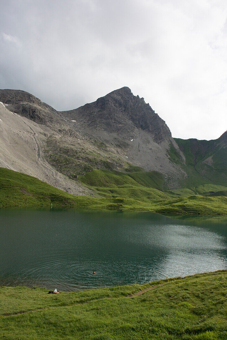 Mountain landscape with lake Rappensee, Rappensee hut, Hiking trails, Oberallgaeu, Oberstdorf, Germany
