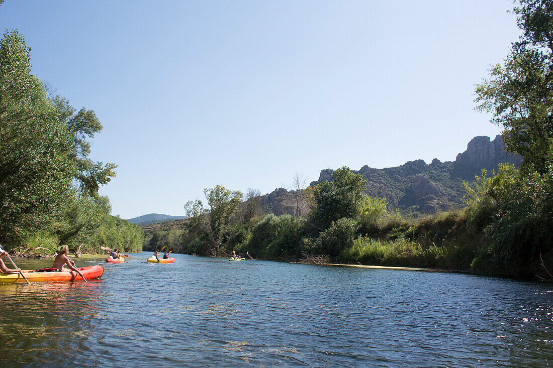 kayaking on the river Orb, River landscape, kayak, holiday, summer, Roquebrun, southern France