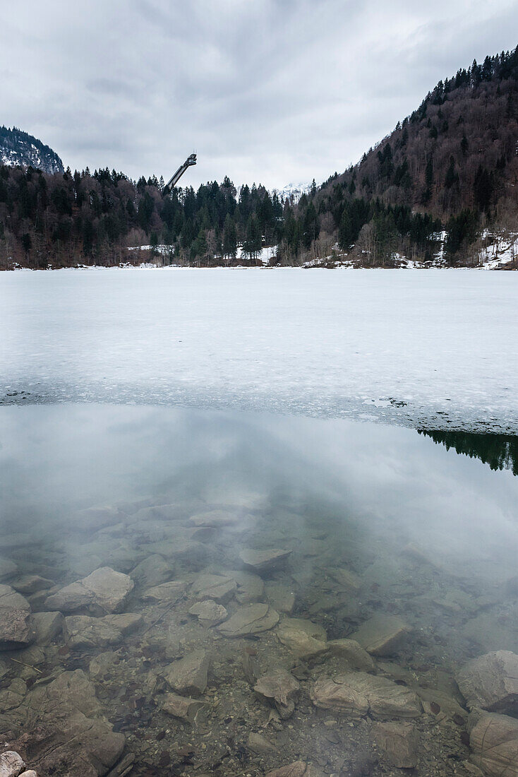 Lake Freibergsee in Winter, Wintersport, Ice Surface, Fellhorn, Oberallgaeu, Winterwanderweg, Oberstdorf, Germany