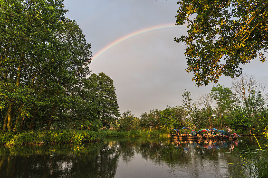 Rainbow over the river, biosphere reserve, cultural landscape, summer, Spreewald, Brandenburg, Germany