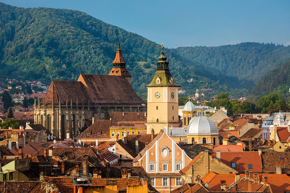 Romania, Transilvania, Brasow City The Black Chur Roof.