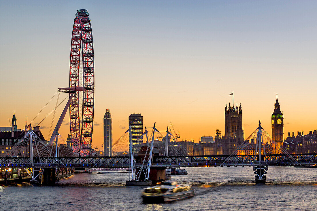 UK, england, London, Big Ben with Hungerford Bridge sunset.