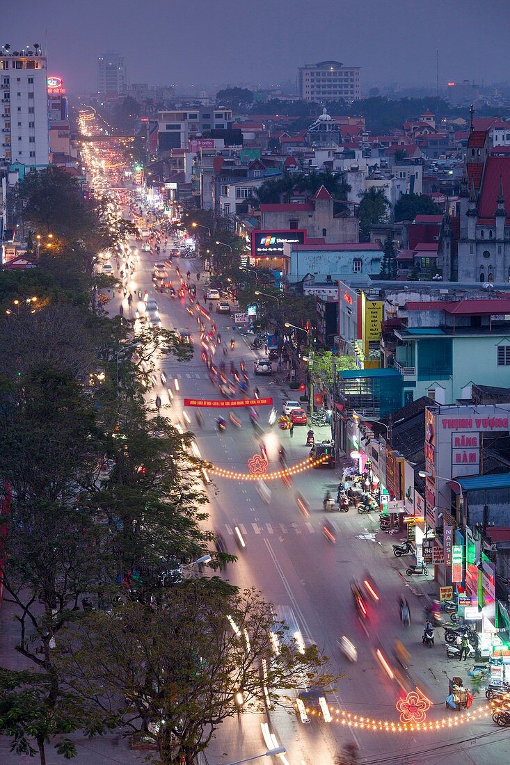 Vietnam, Haiphong, elevated city view, dusk.