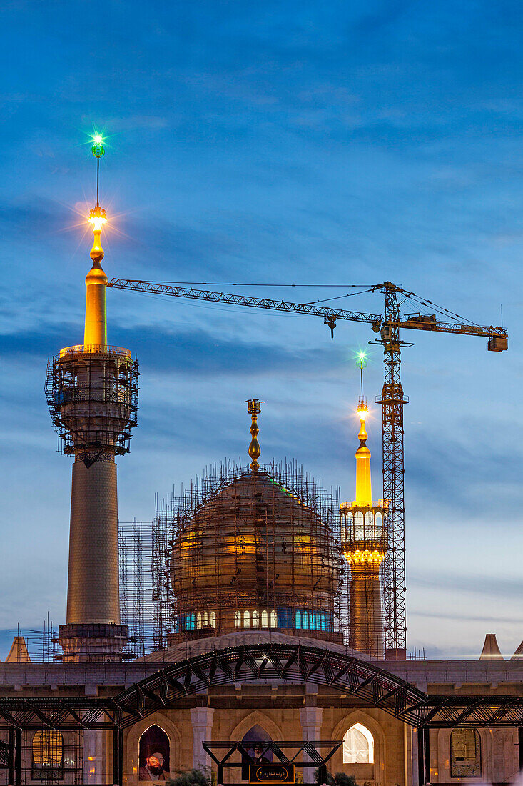 Iran, Tehran, Holy Shrine of Imam Khomeini, memorial mosque to religious leader of the Islamic Revolution, Ayatollah Khomeini, dusk.