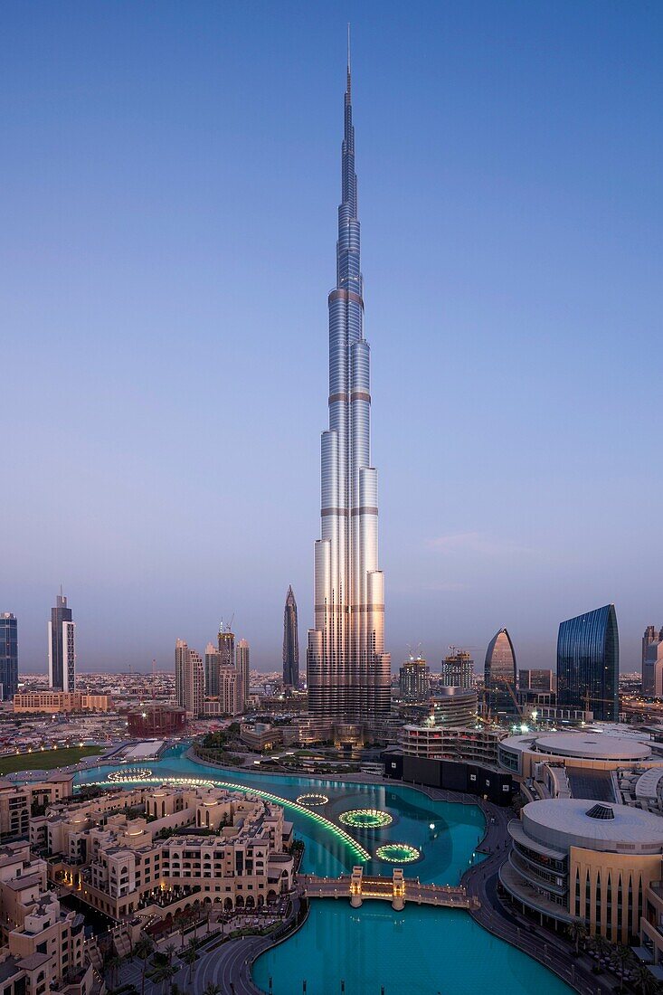 UAE, Dubai, Downtown Dubai, Burj Khalifa, world's tallest building as of 2016, elevated view, dawn.