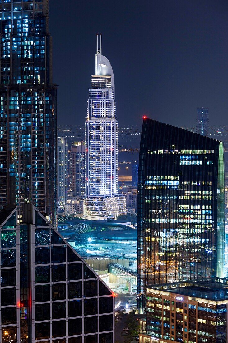 UAE, Dubai, Downtown Dubai, The Address Downtown Hotel, elevated view, dusk.