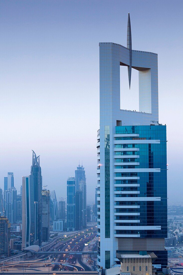 UAE, Dubai, Downtown Dubai, high rise buildings along Sheikh Zayed Road, elevated view.