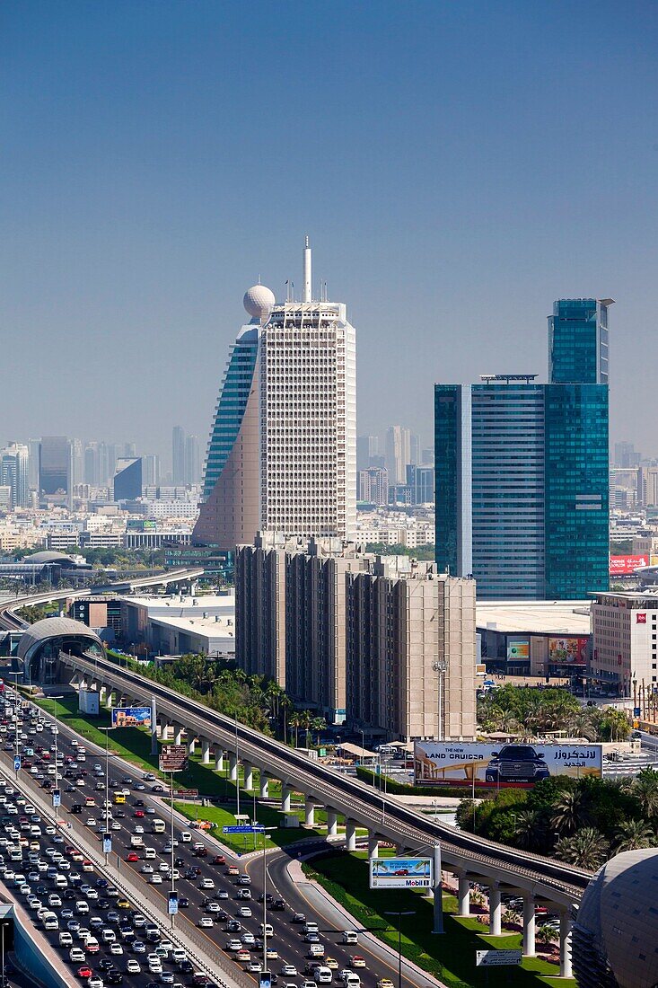 UAE, Dubai, Downtown Dubai, high rise buildings along Sheikh Zayed Road, morning.