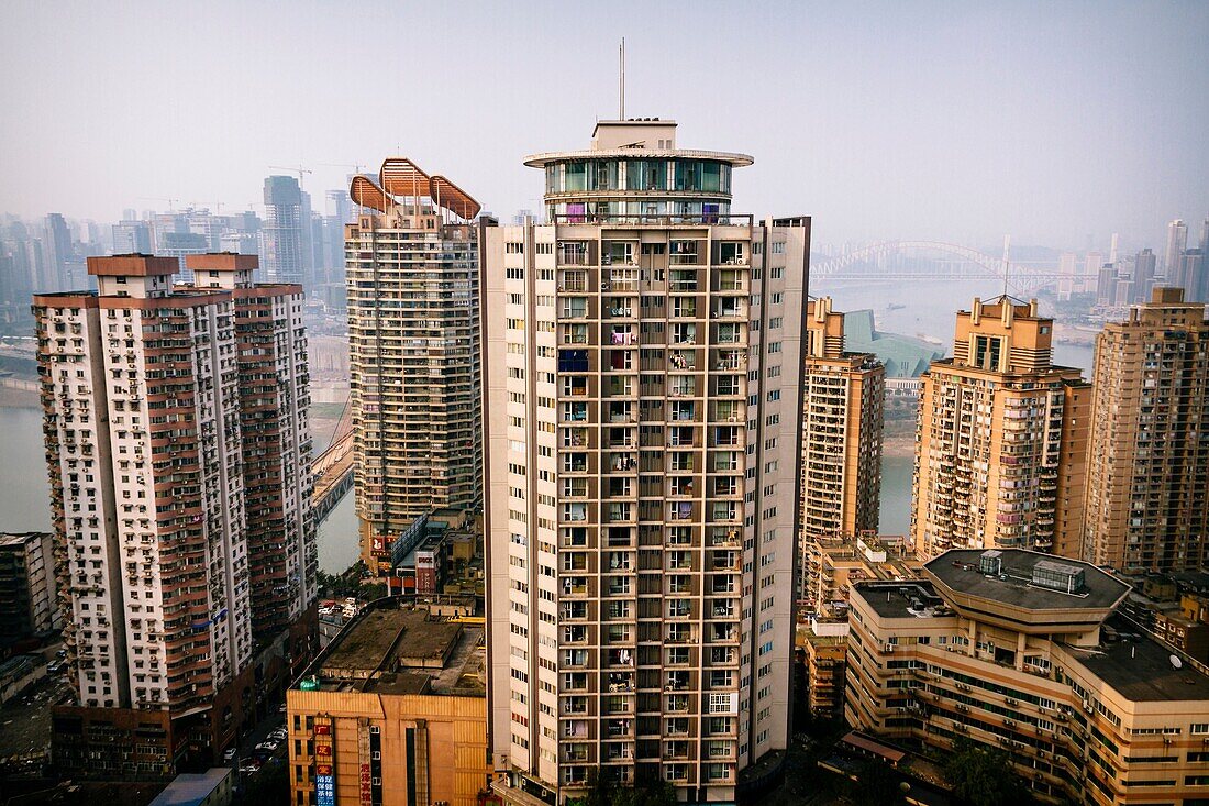 Chongqing, China - The view of many skyscrapers at Yuzhong Peninsula.