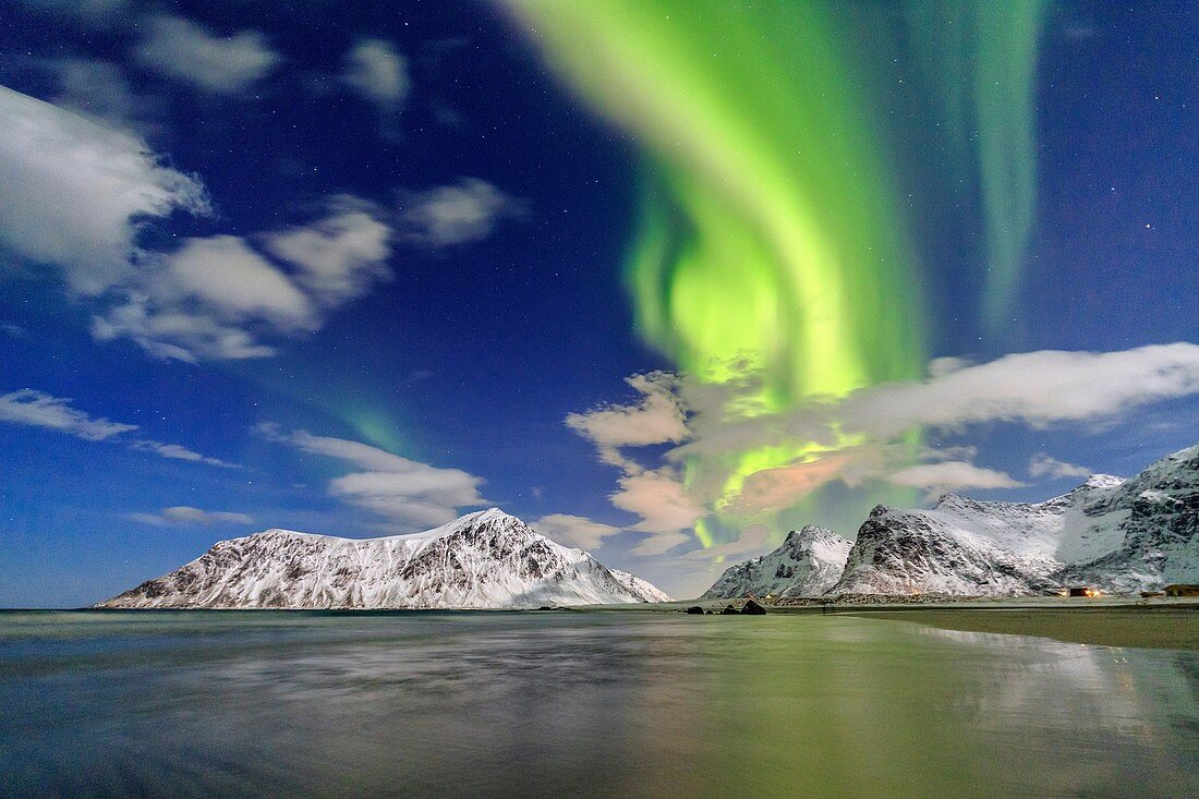 Northern Lights on Skagsanden sky. Lofoten Islands Northern Norway Europe.