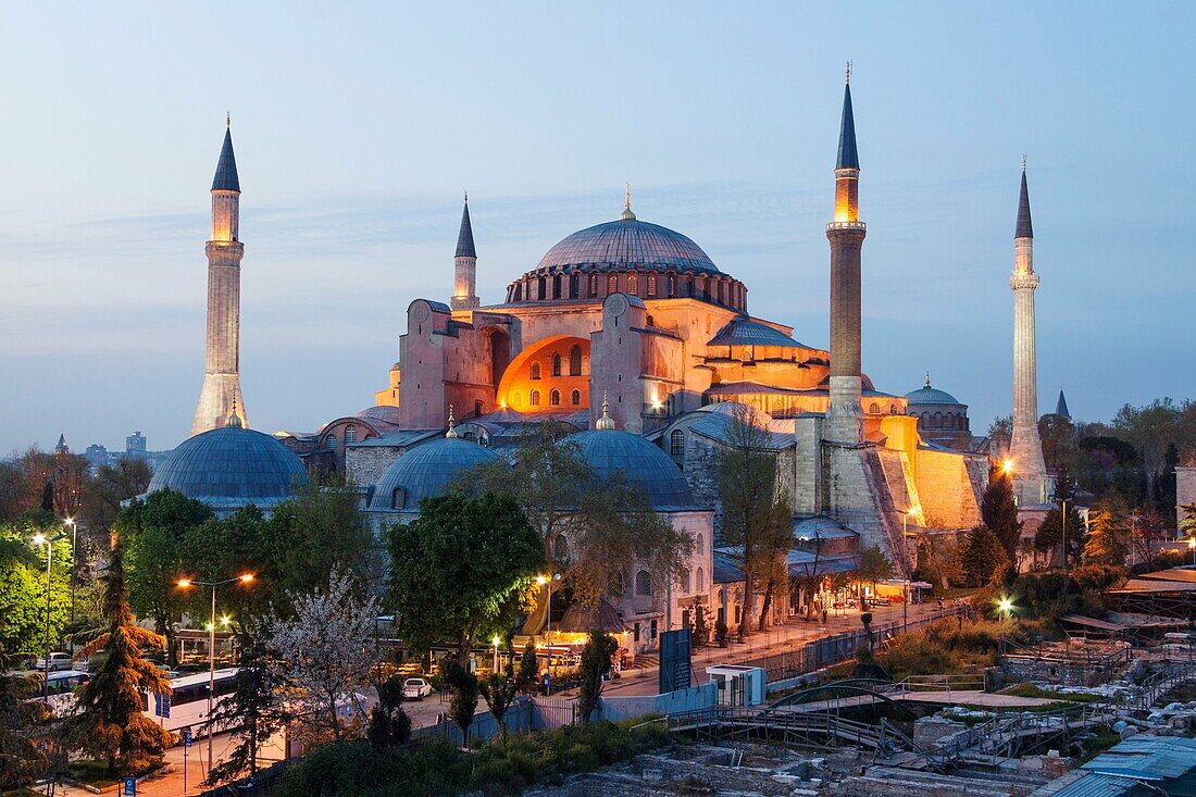 Hagia Sophia floodlit at dusk. Istanbul, Turkey.