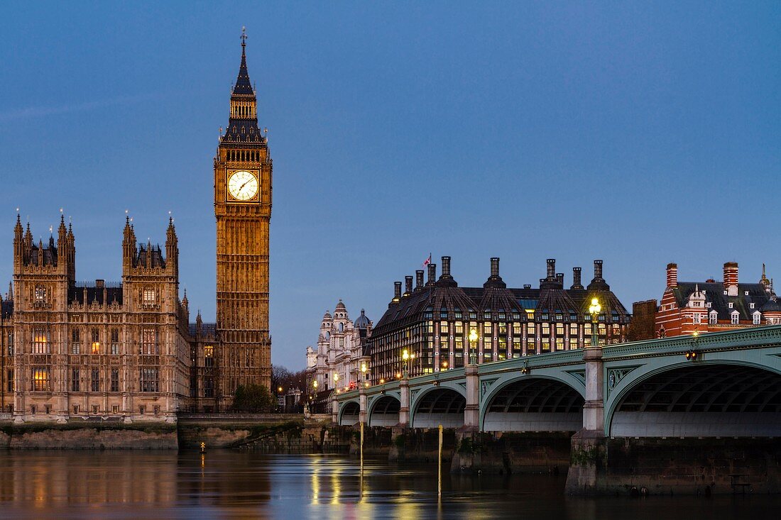 Big Ben, Palace of Westminster, Westminster bridge and thames river. London, United Kingdom.