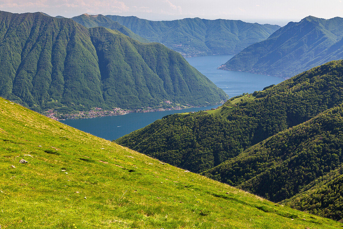 View of Como Lake brach from Rifugio Venini, Monte Galbiga, Lombardy, Italy.