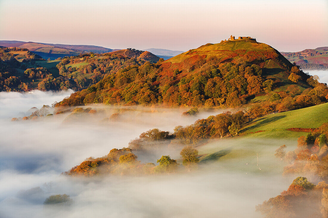 The medieval castle Dinas Bran standing above the mist and fog on an autumn morning, Denbighshire, Wales, United Kingdom, Europe