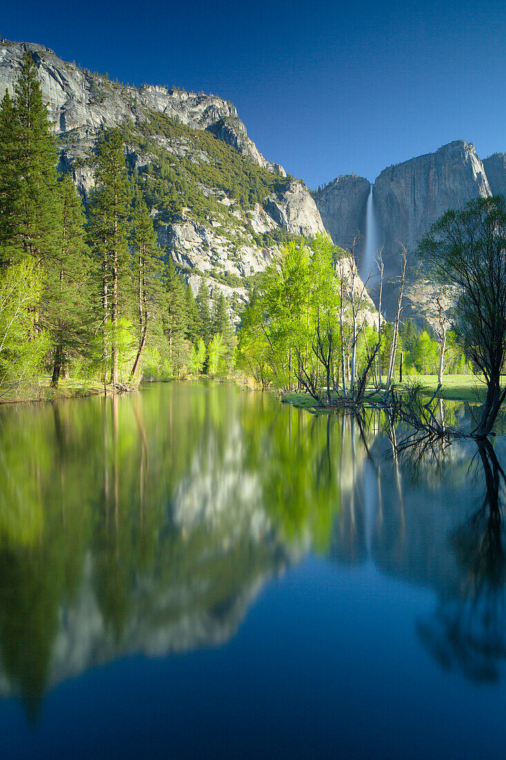 Yosemite Falls und Merced River im Frühjahr, Yosemite Nationalpark, UNESCO Weltkulturerbe, Kalifornien, Vereinigte Staaten von Amerika, Nordamerika