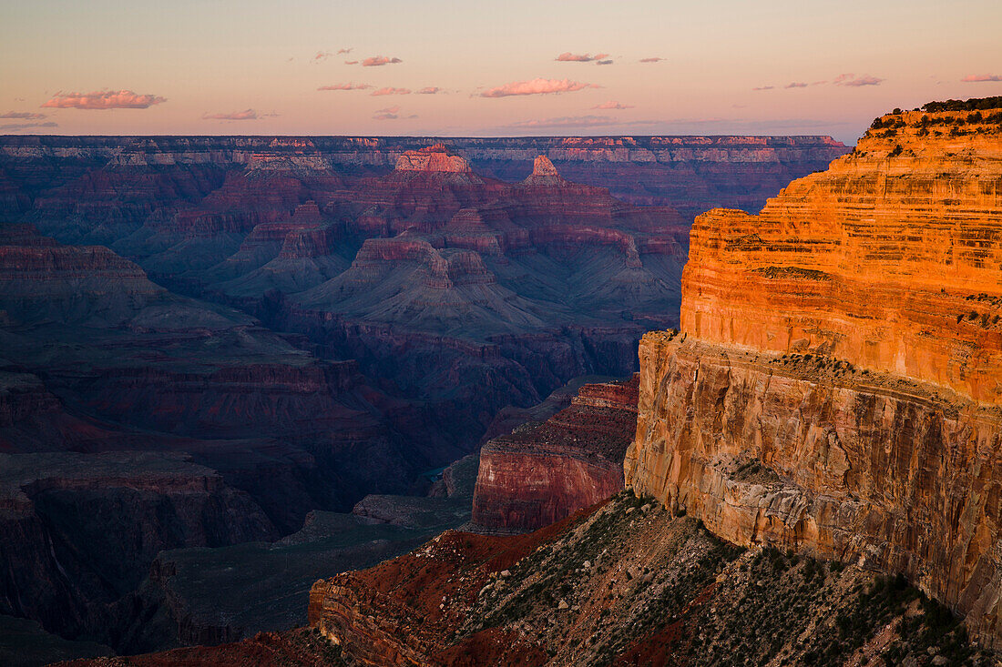 A low sun lights Brahma and Zoroaster temples and the cliff below Hopi Point with the metamorphic Vishnu basement rocks below, Grand Canyon, UNESCO World Heritage Site, Arizona, United States of America, North America