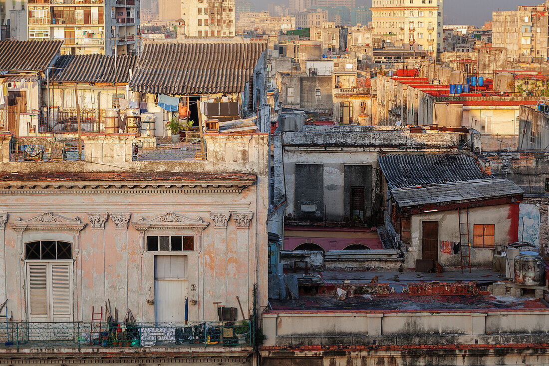 A man comes out of his rooftop home in the early morning light in Havana, Cuba, West Indies, Caribbean, Central America