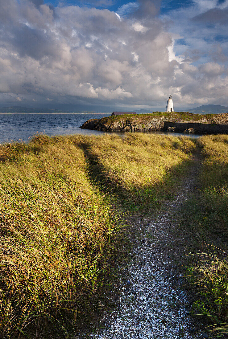 Ein Küstenweg führt zu Twr Mawr Leuchtturm auf Llanddwyn Island, Anglesey, Wales, Großbritannien, Europa