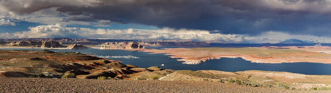 Panorama across Lake Powell to Navajo Mountain and the Grand Staircase-Escalante National Monument, Page, Arizona, United States of America, North America