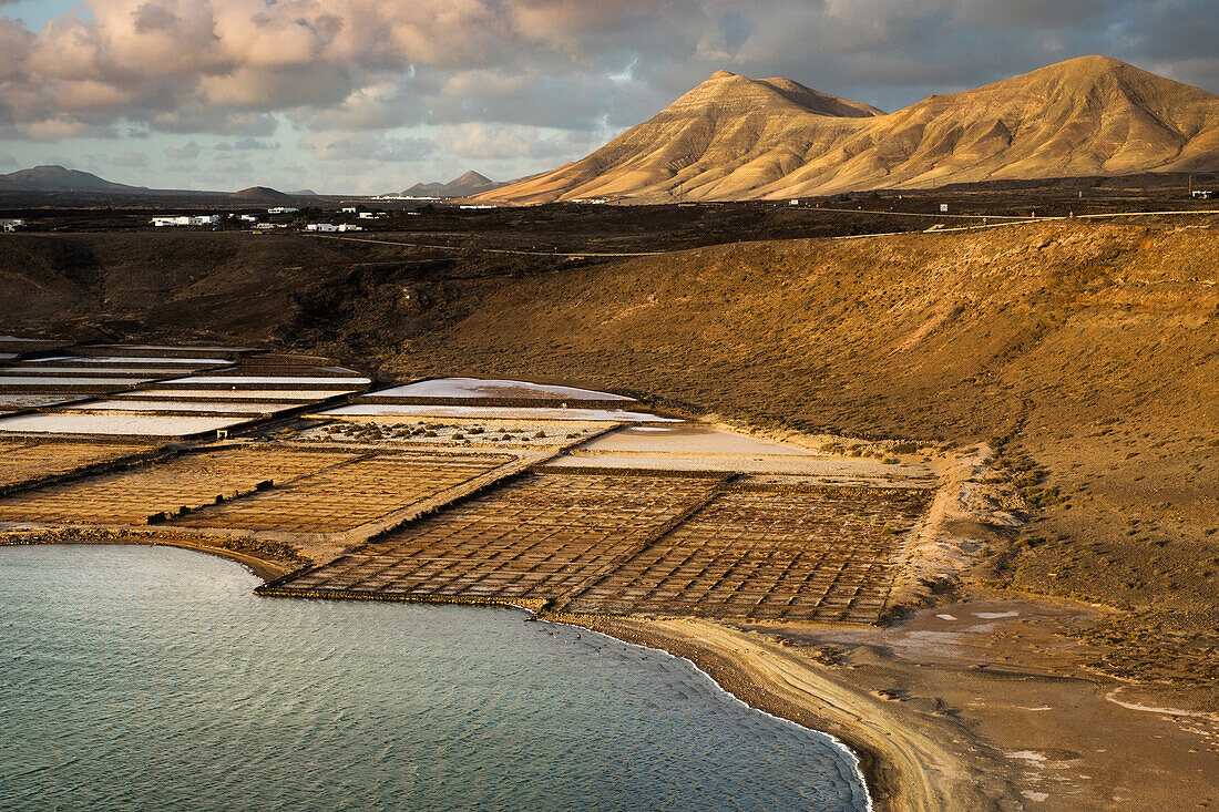 Janubio salt pan on South West coast, a tourist attraction but also an active salt production company, Lanzarote, Canary Islands, Spain, Atlantic, Europe