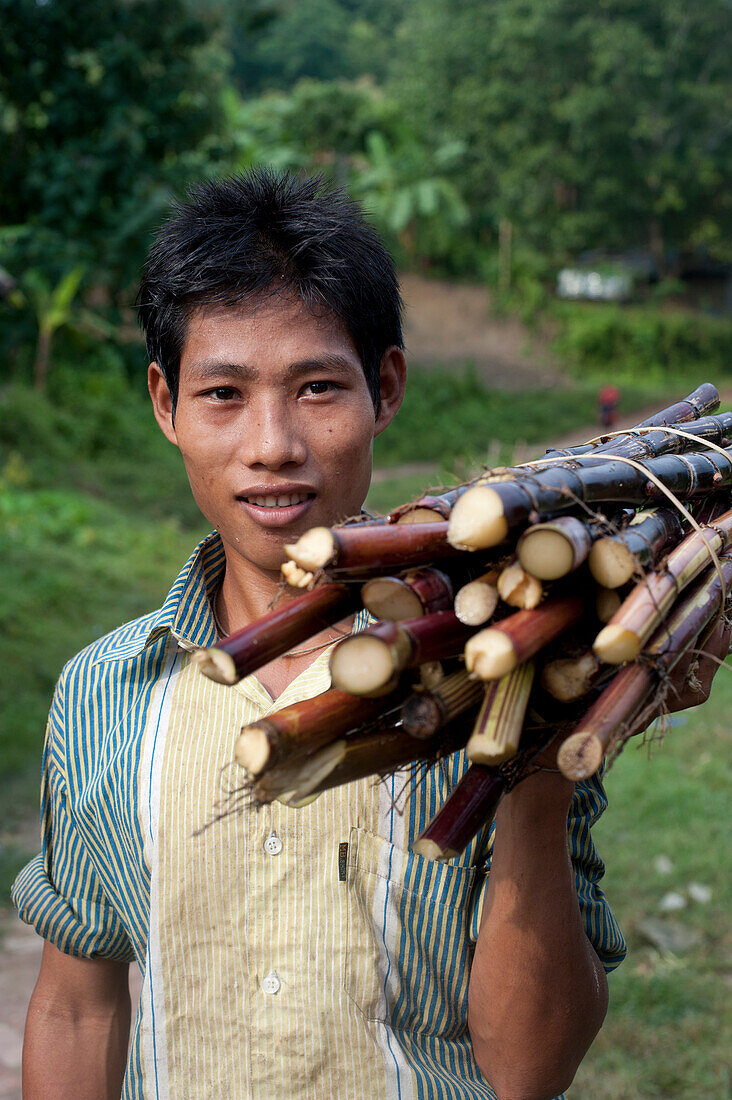 A man from the Chittangong Hill Tracts in Bangladesh carries freshly cut sugar cane, Chittagong Hill Tracts, Bangladesh, Asia