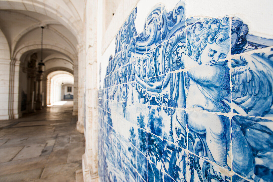 Walls covered in beautuful Azelejo tiles on display at The National Azulejo Museum in Lisbon, Portugal, Europe
