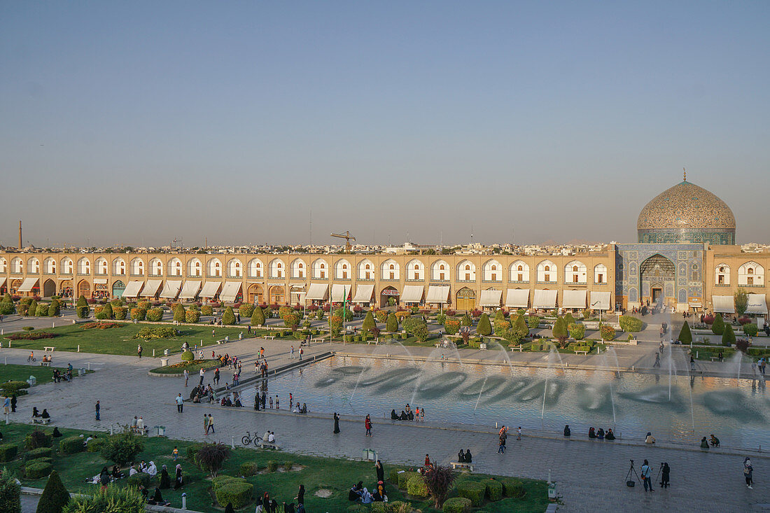 View across Naqsh-e (Imam) Square, UNESCO World Heritage Site, from Ali Qapu Palace opposite Sheikh Lotfollah Mosque, Isfahan, Iran, Middle East