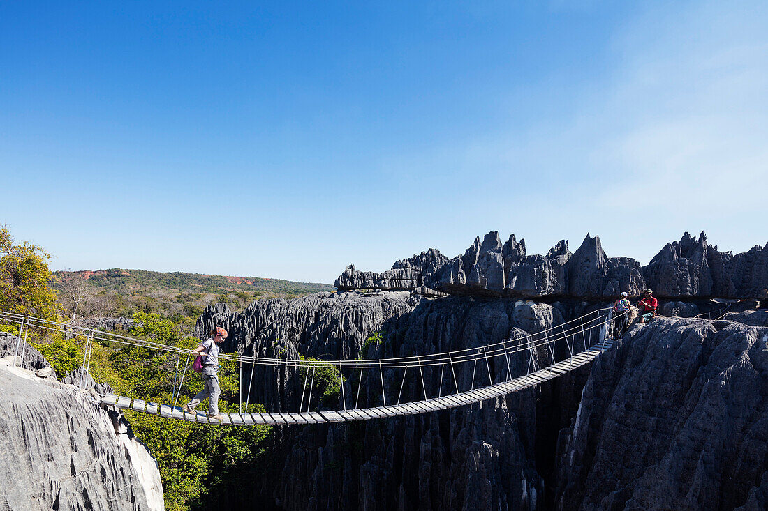 Tourist crossing a rope bridge, Grand Tsingy, Tsingy du Bemaraha National Park, UNESCO World Heritage Site, western area, Madagascar, Africa