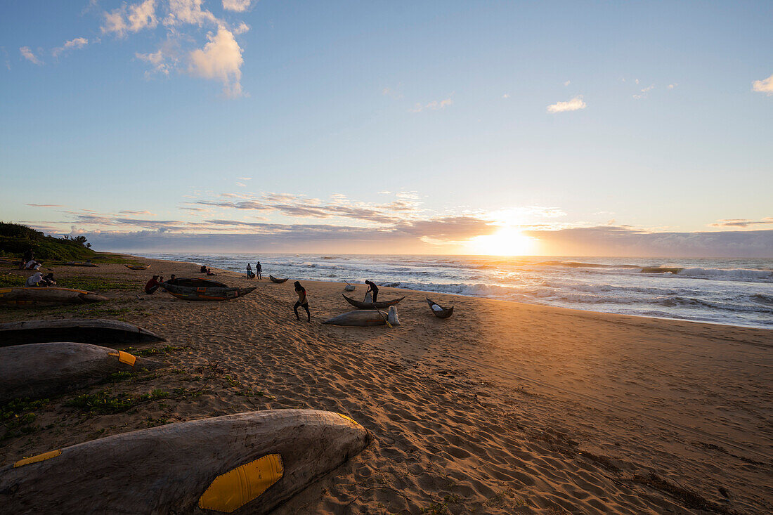 Dugout canoe on the beach, Tamatave, Indian Ocean coast, Madagascar, Africa