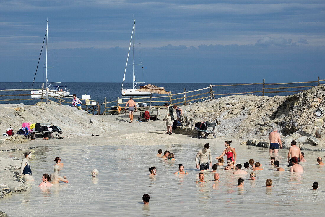 people taking sulfur mud bath, Vulcano Island, Aeolian Islands, Lipari Islands, Tyrrhenian Sea, Mediterranean Sea, Italy, Europe