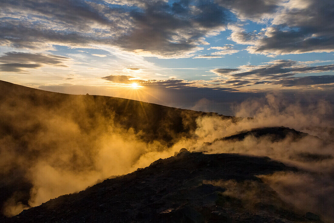 Sulfuric steam on the crater rim of Gran Cratere, view from Vulcano Island to Salina and Lipari, Lipari Islands, Aeolian Islands, Tyrrhenian Sea, Mediterranean Sea, Italy, Europe